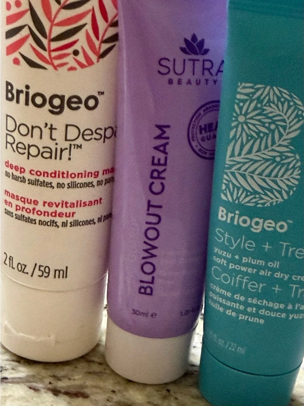 Set of 3 Style + Treat Travel-Size Tubes of hair care. 2 Briogeo and 1 Sutra